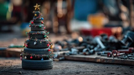 Festive tire christmas tree decorated with baubles in a junkyard setting - Powered by Adobe