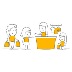 A smiling seller is communicating with customers at the store counter.