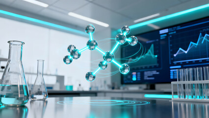Futuristic molecular model hovering in modern laboratory