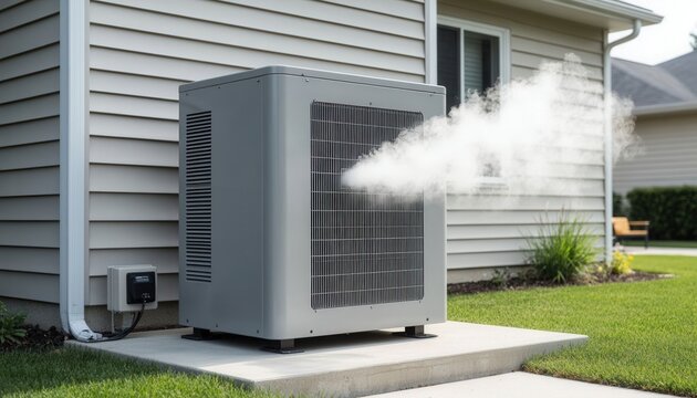 Broken outdoor air conditioner unit placed near a house wall, symbol of malfunction, repair, and maintenance services.