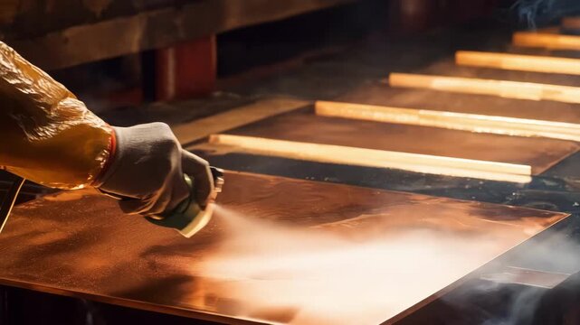 Polishing a copper alloy panel with a handheld machine capturing the process of enhancing shine and smoothness on nonferrous metals.
