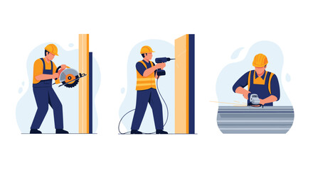 Collection of illustrations showing a construction worker in a hard hat using a circular saw a drill and a sander on site.