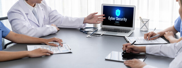 Cyber security system on computer screen protect private information brisk from hacker and cyber attack