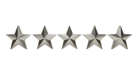Five identical 3d rendered opulent platinum stars, glossy and reflective, arranged horizontally on a transparent background with copy space, symbolizing highest quality and premium status
