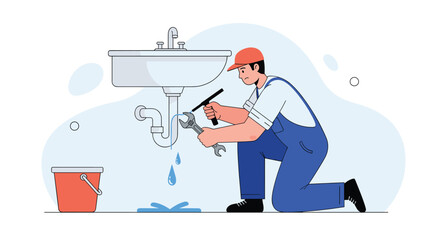 Professional plumber in uniform kneels on the floor to repair a leaking pipe under a bathroom sink using a wrench to fix the problem.