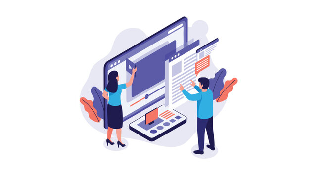 Man and woman collaborate on creating and optimizing a responsive website design for both desktop computer and mobile phone screens.