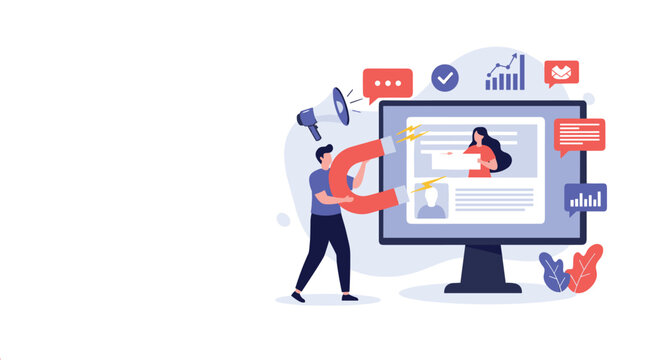 Businessman uses a giant red magnet to attract new customers and generate leads online for his business as a marketing metaphor.