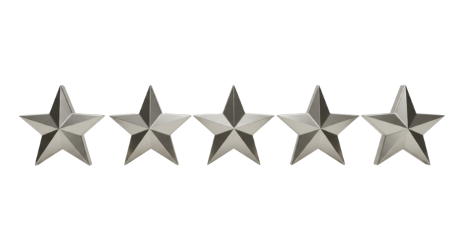 Five identical 3d rendered opulent platinum stars, glossy and reflective, arranged horizontally on a transparent background with copy space, symbolizing highest quality and premium status