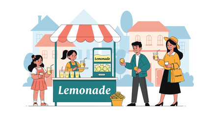 Two young girls run a lemonade stand in their neighborhood selling fresh drinks to a man and woman on a sunny summer day.