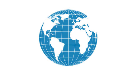 Simple blue and white wireframe globe icon showing the continents of Earth representing global business travel and communication.