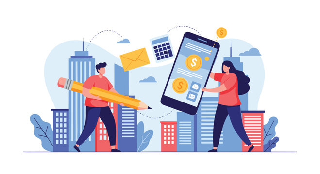 Man with a giant pencil and woman with a smartphone collaborate on a financial project against a city skyline background.