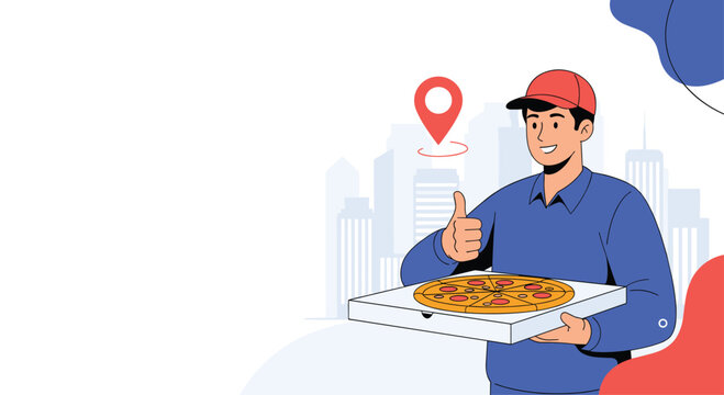 Friendly delivery man in a cap and uniform holds a pizza box and gives a thumbs up with a city skyline in the background.