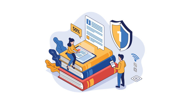 Isometric scene of online education and data security with people on a stack of books using digital devices with a shield icon.