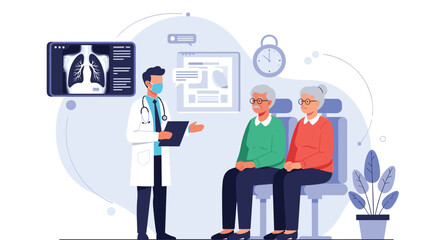 Fototapeta premium Male doctor in a medical mask discusses lung x-ray results and treatment options with a senior couple in a clinic setting.