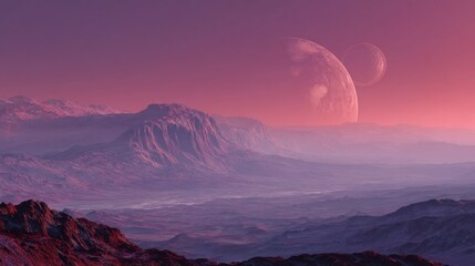 Alien World Exploration: An ethereal, otherworldly landscape showcases a breathtaking view of majestic mountains, twin moons, and a vibrant, atmospheric sky, inviting viewers to explore new frontiers.