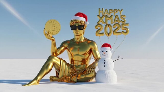 a huge golden statue sit on the snow, wearing a santa hat and black sunglasses and holding a bitcoin, with floating balloons that say Happy xmas 2025