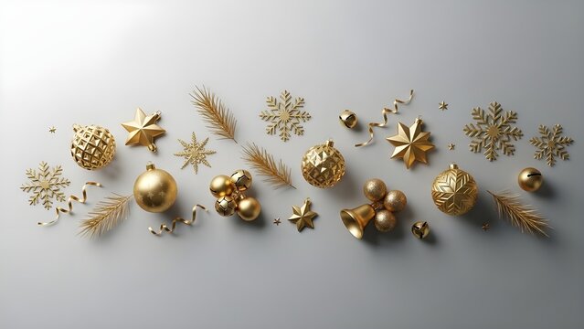 Elegant gold christmas ornaments and confetti on a white background