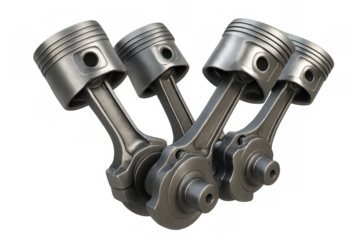 V4 engine pistons and connecting rods moving on crankshaft, automotive internal combustion engine parts on transparent background