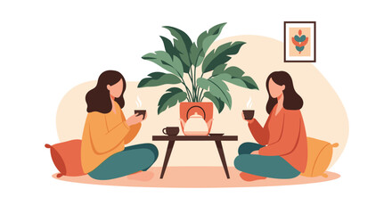 Fototapeta premium Two young women enjoy a peaceful tea ceremony sitting on floor cushions and having a friendly conversation in a cozy room.