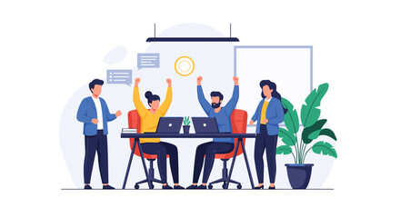 Excited business team celebrates a major project success or achievement in the office with colleagues cheering and raising arms.