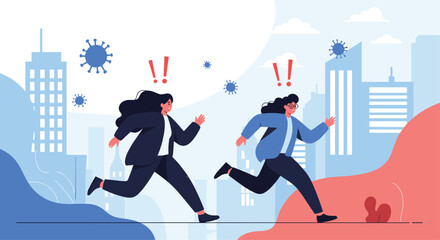 Obraz premium Two panicked women run through a city in fear trying to escape the spread of a dangerous virus during a pandemic outbreak.