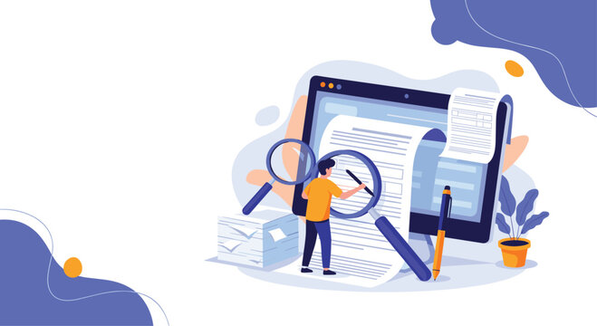 Meticulous person uses a magnifying glass to carefully review the details of a digital contract before signing the document.