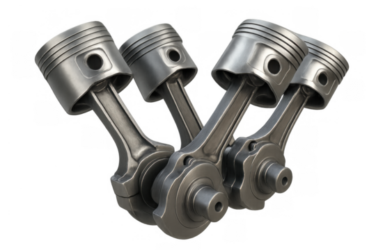 V4 engine pistons and connecting rods moving on crankshaft, automotive internal combustion engine parts on transparent background