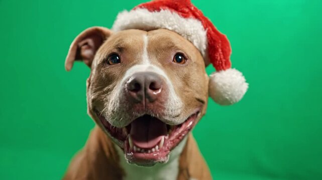 A friendly brown pitbull smiles and waves while wearing a red and white Christmas hat in front of a green chroma key background.