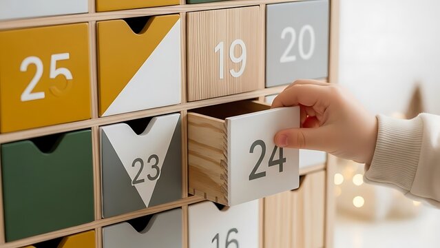 Opening Advent Calendar Drawer Child's Hand Reaching for Number 24, Anticipation of Holiday Season