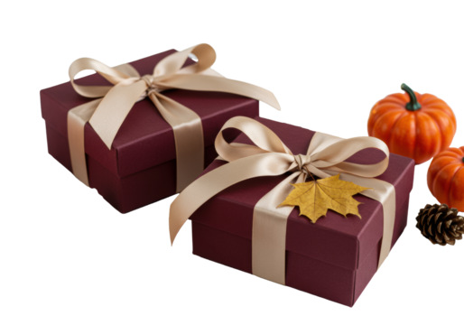 Two elegant deep burgundy gift boxes with champagne satin bows, one with a golden maple leaf, surrounded by autumn decor on a transparent background, festive autumnal coziness