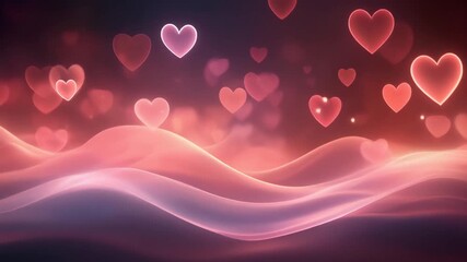 Floating hearts over a pink, dreamy landscape. This image shows a romantic and whimsical atmosphere