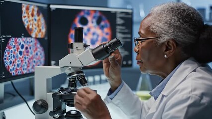 Senior African American woman in lab coat using microscope. Scientist examining samples. Medical research laboratory setting. Monitors with colorful brain scans. Laboratory equipment. Medical - Powered by Adobe