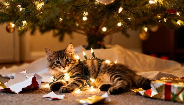 Fluffy tabby kitten tangled in Christmas tree lights and torn wrapping paper low angle cute photo - Powered by Adobe
