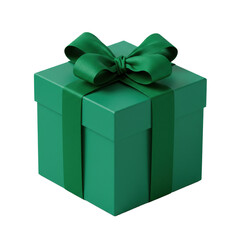 Obraz premium Vibrant emerald green square gift box, matte, shiny satin ribbon, elegant bow, sharp focus on transparent background with copy space, soft shadow. Concept of luxury celebration