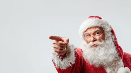 Santa claus pointing finger and scolding, warning viewers with a serious expression, wearing a red costume and a long white beard on christmas holiday concept