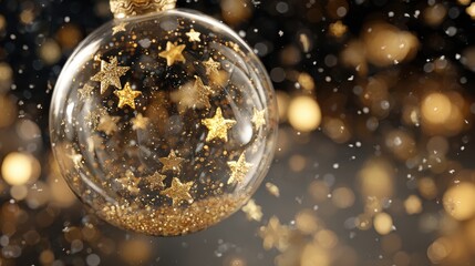 Golden glitter stars and sparkling particles filling a clear glass ornament, creating a festive holiday decoration with warm bokeh lights and a dreamy, celebratory ambiance