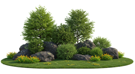Volcanic rocks, lichen, evergreen trees, shrubs, yellow flowers, and manicured grass on a transparent background with copy space, natural garden landscaping concept