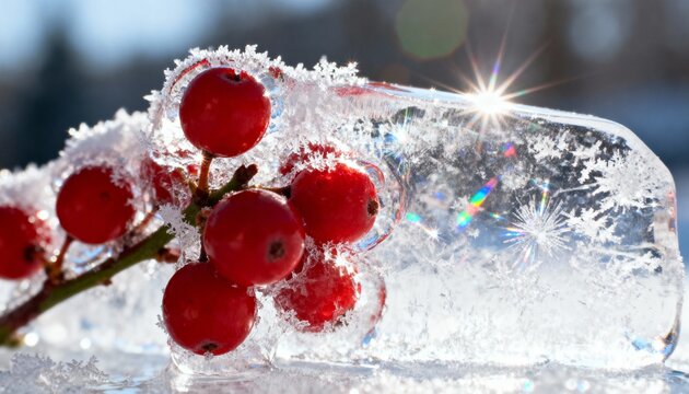 Extreme macro close-up of red holly berries encased in clear ice with frost textures and sunlight