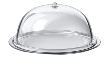 Glass cloche on a silver serving plate, transparent food cover dome showcasing product presentation, luxury catering, and kitchenware display on transparent background, png