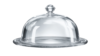 Glass dome cloche and transparent serving dish on a neutral background, creating a visual for culinary presentations, food protection, and elegant dining concepts, png