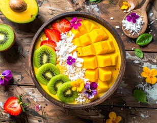 Fresh organic fruit salad in a white bowl, a healthy vegetarian meal or dessert