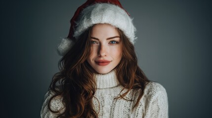 Young woman wearing a santa hat and warm sweater, smiling with blue eyes, celebrating christmas holiday spirit and winter festive season