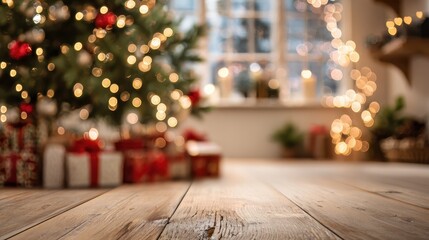 Warm christmas lights creating a festive bokeh background, with gifts under a fir tree and a rustic wooden table offering copy space for holiday themes and celebrations