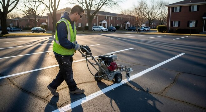Man worker applying fresh white paint stripe to a parking lot with a striping machine. Maintenance team preparing a parking area for new regulations.