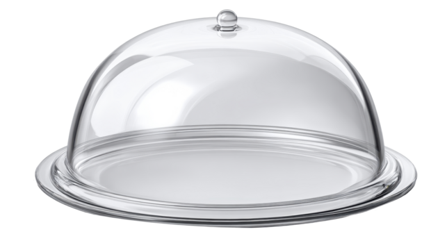 Glass cloche on a silver serving plate, transparent food cover dome showcasing product presentation, luxury catering, and kitchenware display on transparent background, png