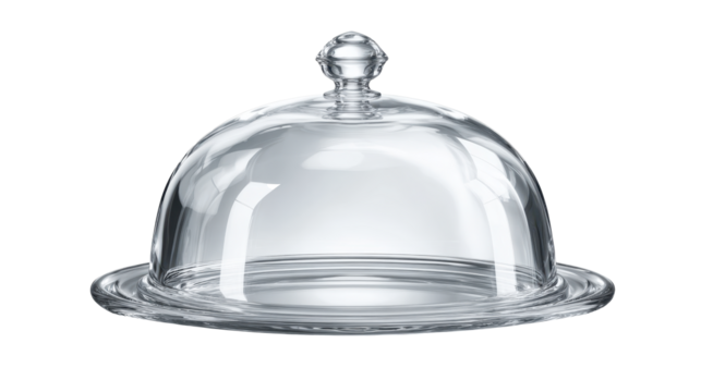 Glass dome cloche and transparent serving dish on a neutral background, creating a visual for culinary presentations, food protection, and elegant dining concepts, png