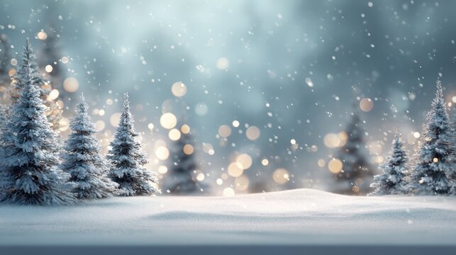 Winter forest landscape with snow covered fir trees on a snowy ground, falling snowflakes and glowing bokeh lights in a festive enchanting scene, creating a peaceful holiday background