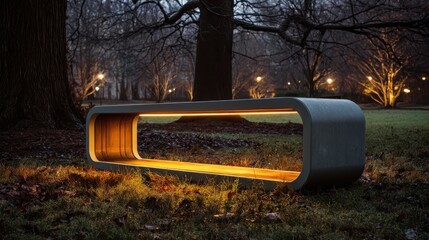 Modern concrete and wood bench with integrated led lighting providing a glowing effect, sitting on green grass in a public park at dusk without people