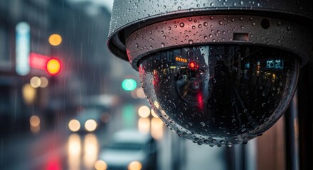 Traffic monitoring dome camera covered in rain drops on a rainy night cityscape. Security and surveillance system concept.