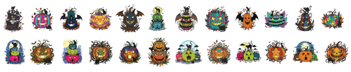Obraz premium Fantasy Halloween Pumpkins. Stacked and Decorated with Vines and Leaves.